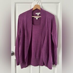 Coldwater Creek Purple Merino Wool Blend Cardigan & Tank Sweater Set Size L 14